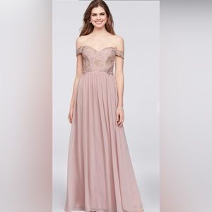 Off-the-shoulder lace and chiffon corset gown